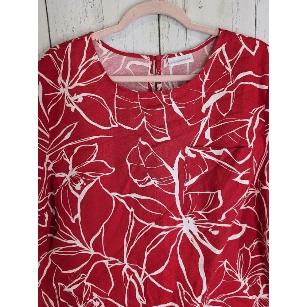 Liz Claiborne Size XL Womens Red White Floral Linen Short Sleeve Blouse Top - Picture 3 of 6